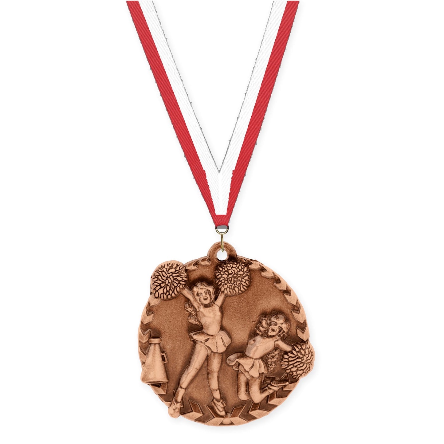 1 3/4 inch cheerleading Millennium medal in antique bronze with Red White neck ribbon