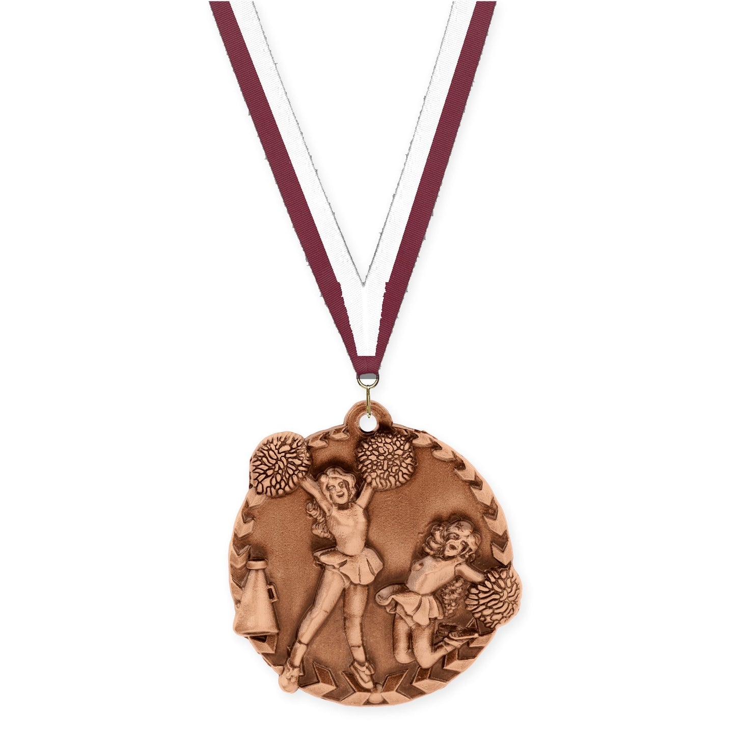 1 3/4 inch cheerleading Millennium medal in antique bronze with Maroon White neck ribbon