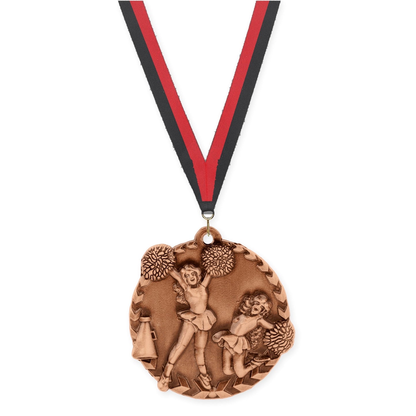 1 3/4 inch cheerleading Millennium medal in antique bronze with Black Red neck ribbon