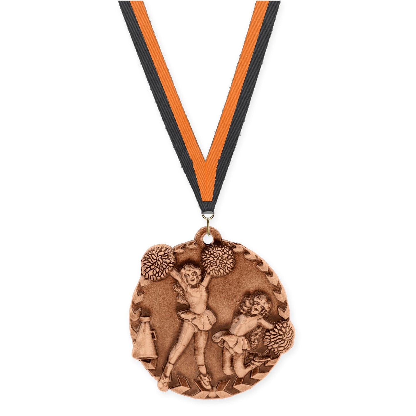 1 3/4 inch cheerleading Millennium medal in antique bronze with Black Orange neck ribbon