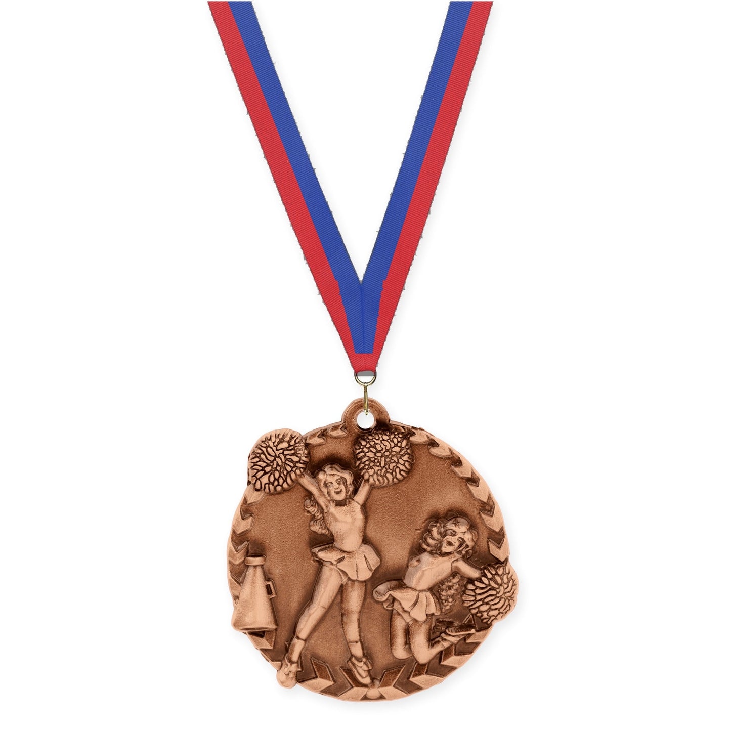 1 3/4 inch cheerleading Millennium medal in antique bronze with Blue Red neck ribbon