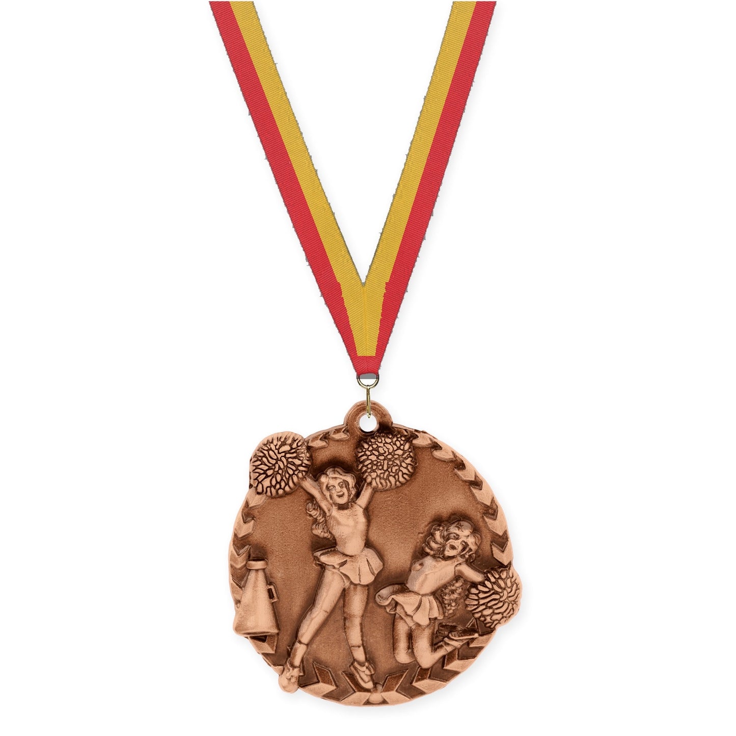 1 3/4 inch cheerleading Millennium medal in antique bronze with Red Gold neck ribbon
