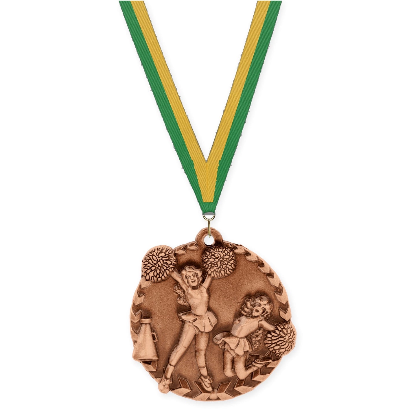 1 3/4 inch cheerleading Millennium medal in antique bronze with Green Gold neck ribbon