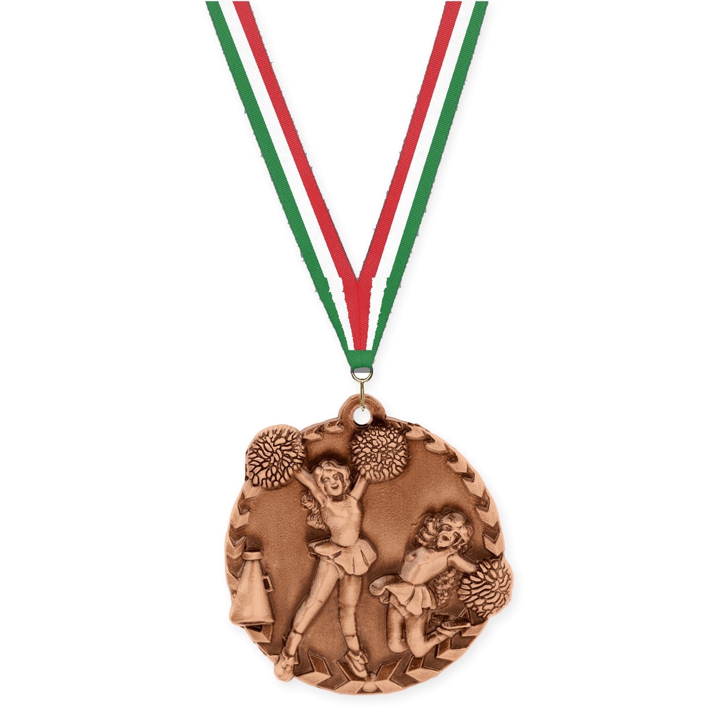 1 3/4 inch cheerleading Millennium medal in antique bronze with Green White Red neck ribbon