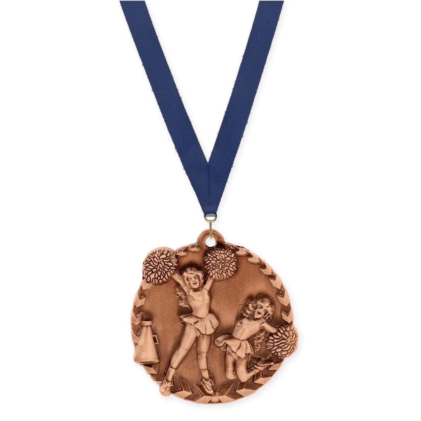 1 3/4 inch cheerleading Millennium medal in antique bronze with Navy neck ribbon