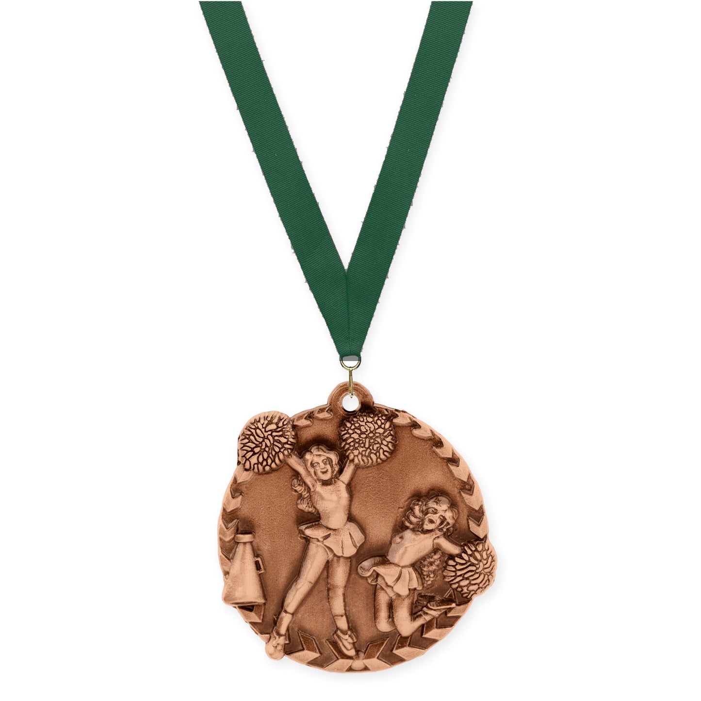 1 3/4 inch cheerleading Millennium medal in antique bronze with Hunter Green neck ribbon