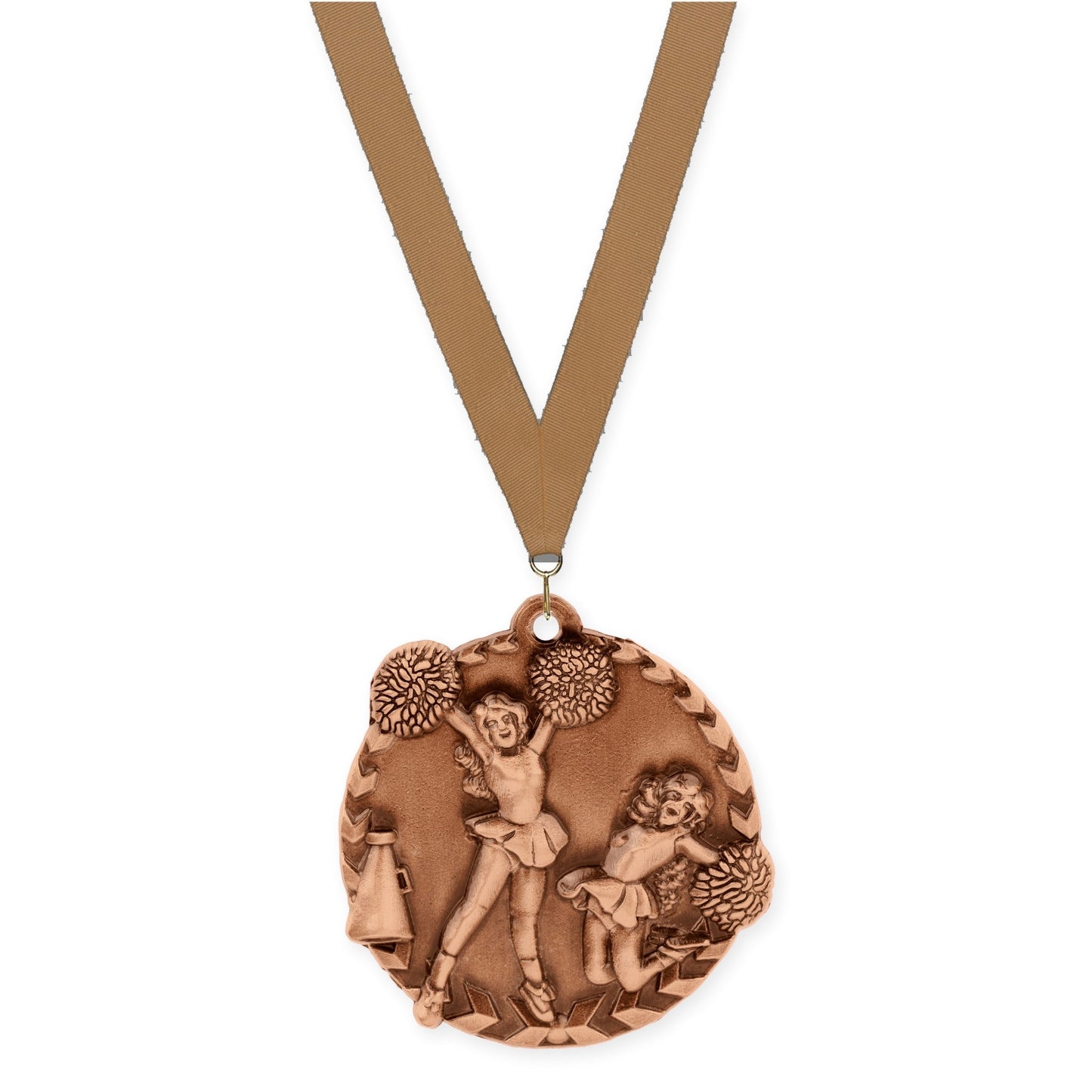 1 3/4 inch cheerleading Millennium medal in antique bronze with Bronze Metallic neck ribbon