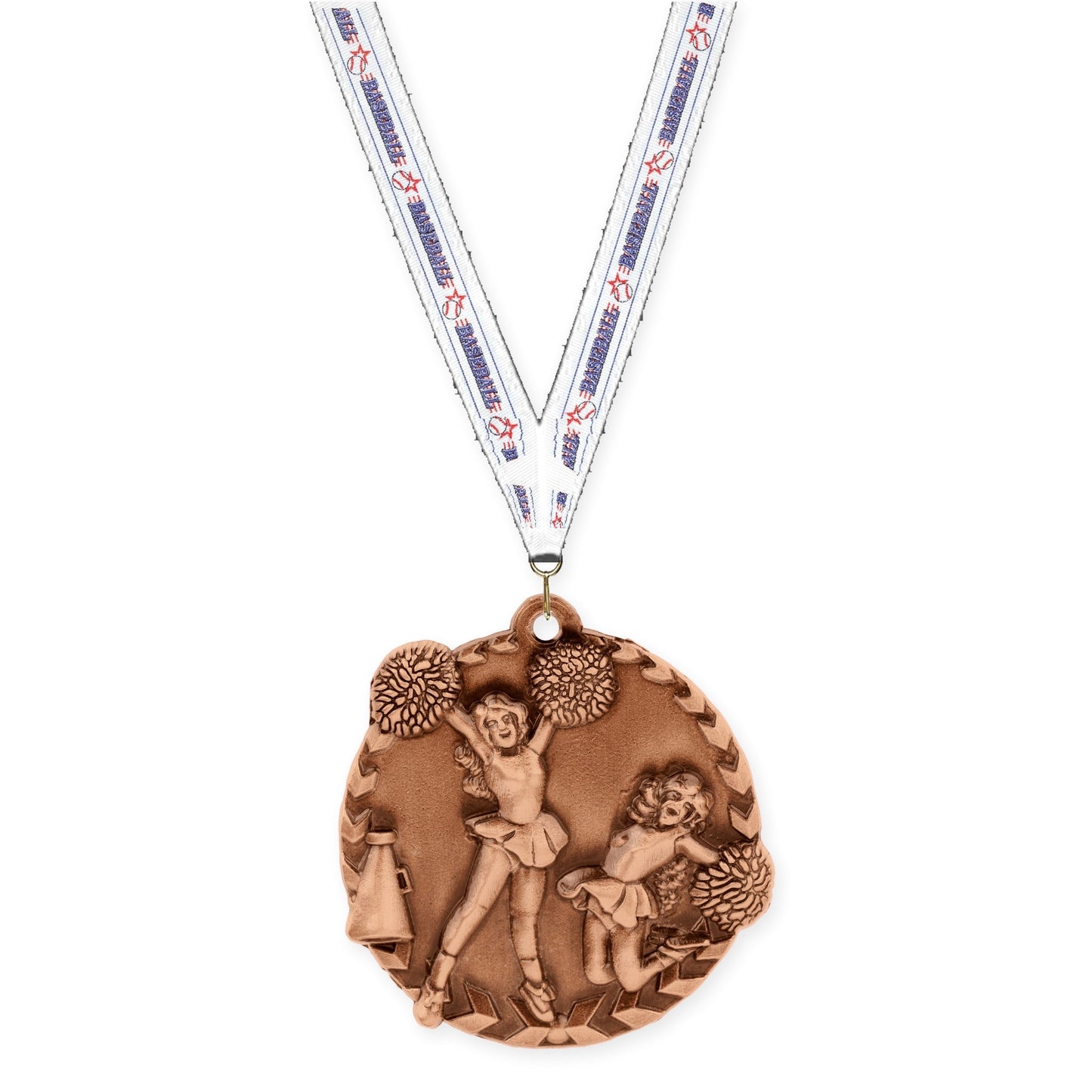 1 3/4 inch cheerleading Millennium medal in antique bronze with Baseball neck ribbon