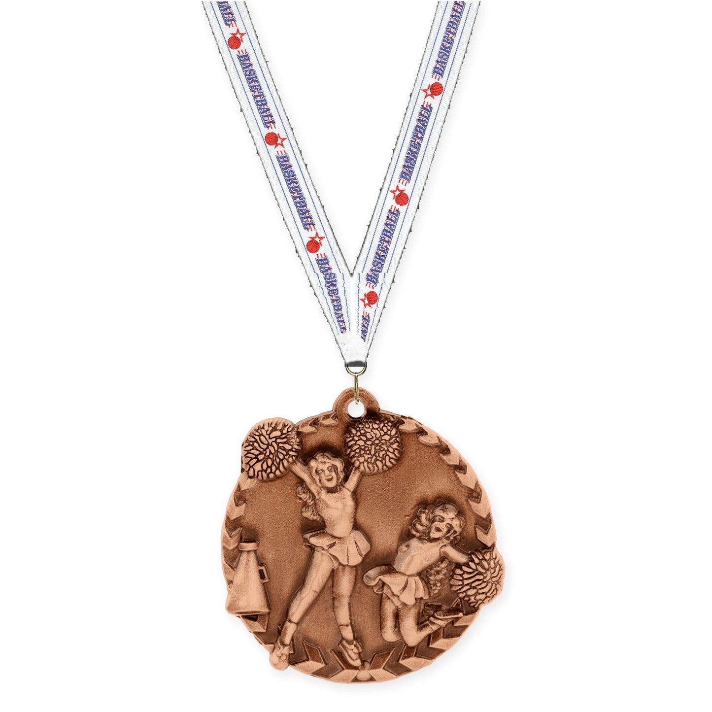 1 3/4 inch cheerleading Millennium medal in antique bronze with Basketball neck ribbon