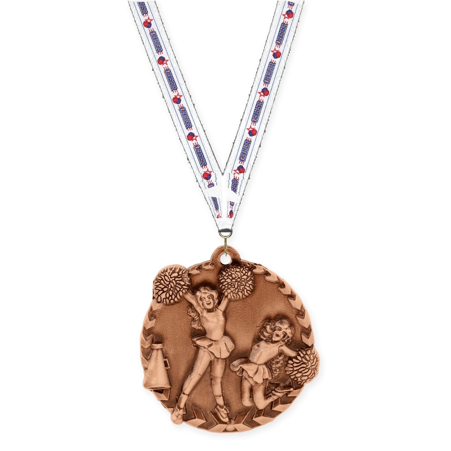 1 3/4 inch cheerleading Millennium medal in antique bronze with Cheerleading neck ribbon