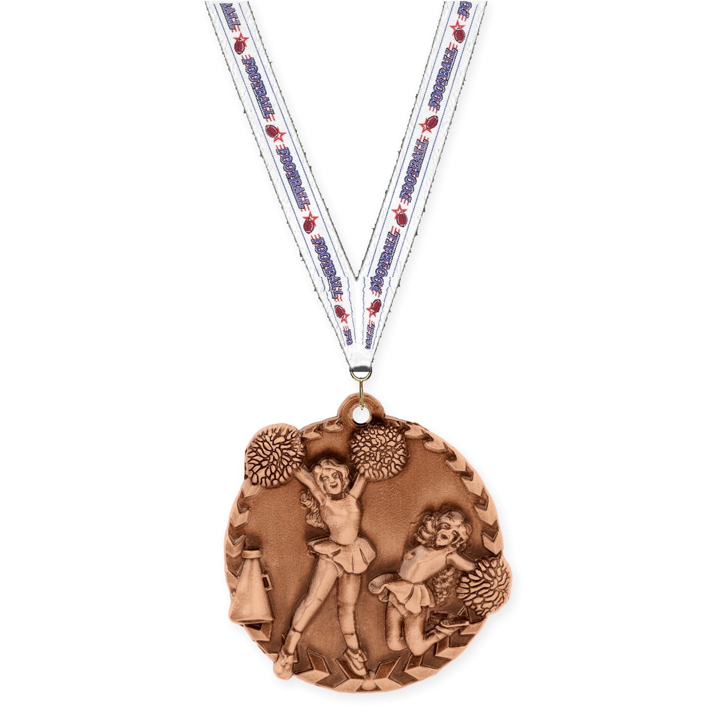 1 3/4 inch cheerleading Millennium medal in antique bronze with Football neck ribbon
