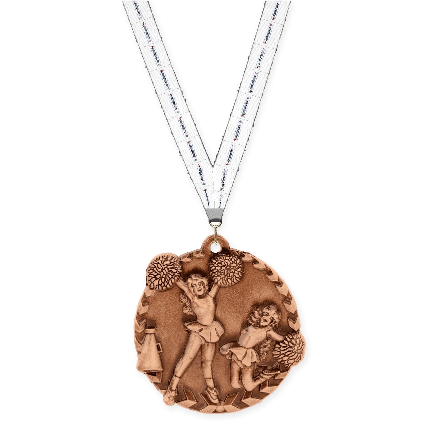 1 3/4 inch cheerleading Millennium medal in antique bronze with Gymnastics neck ribbon