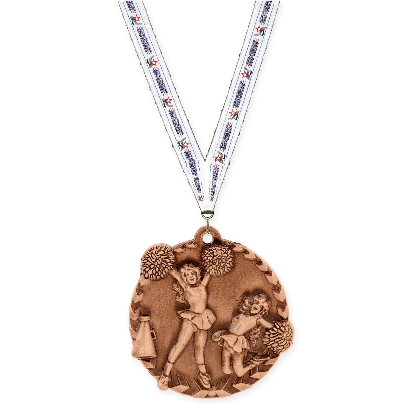 1 3/4 inch cheerleading Millennium medal in antique bronze with Hockey neck ribbon