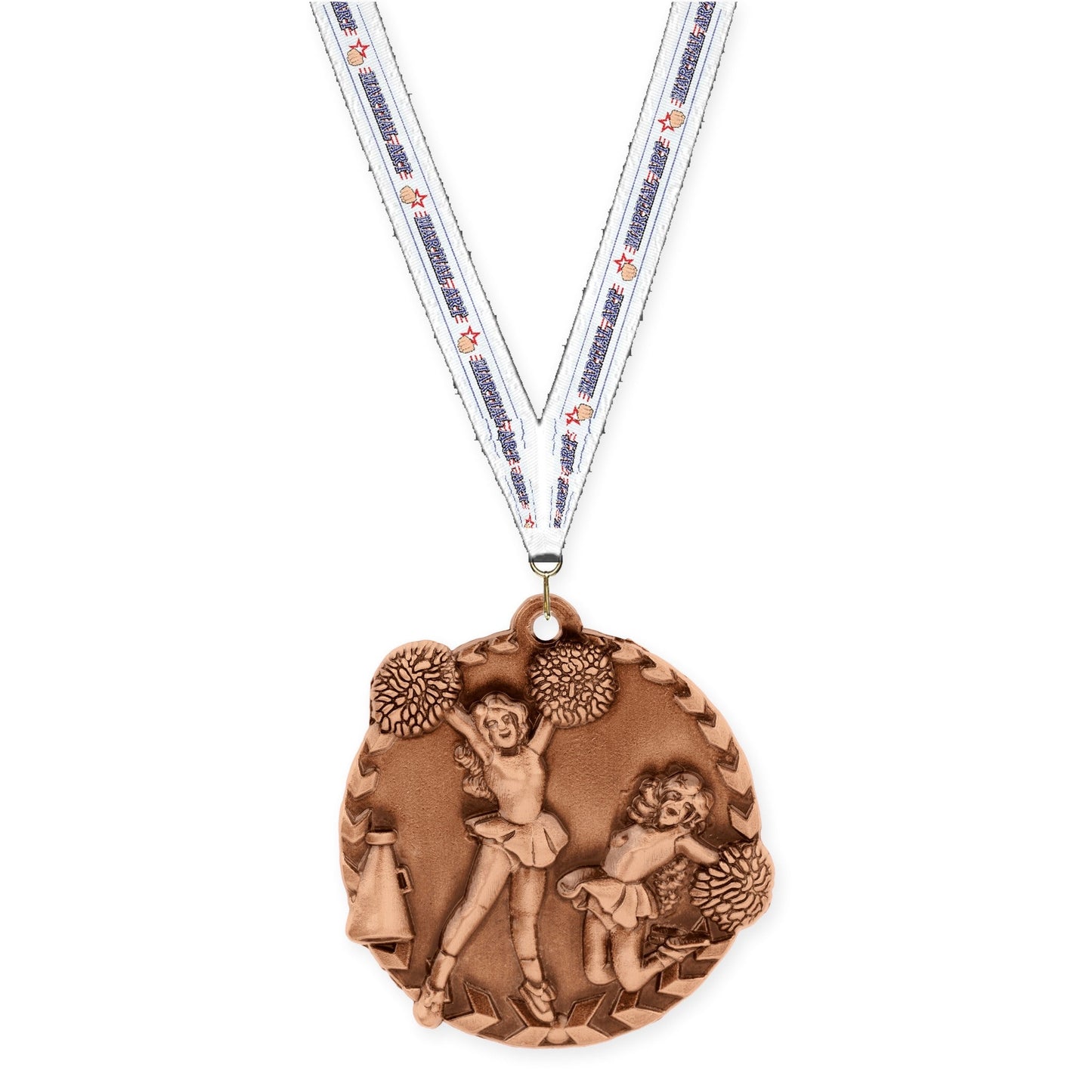 1 3/4 inch cheerleading Millennium medal in antique bronze with Martial Arts neck ribbon