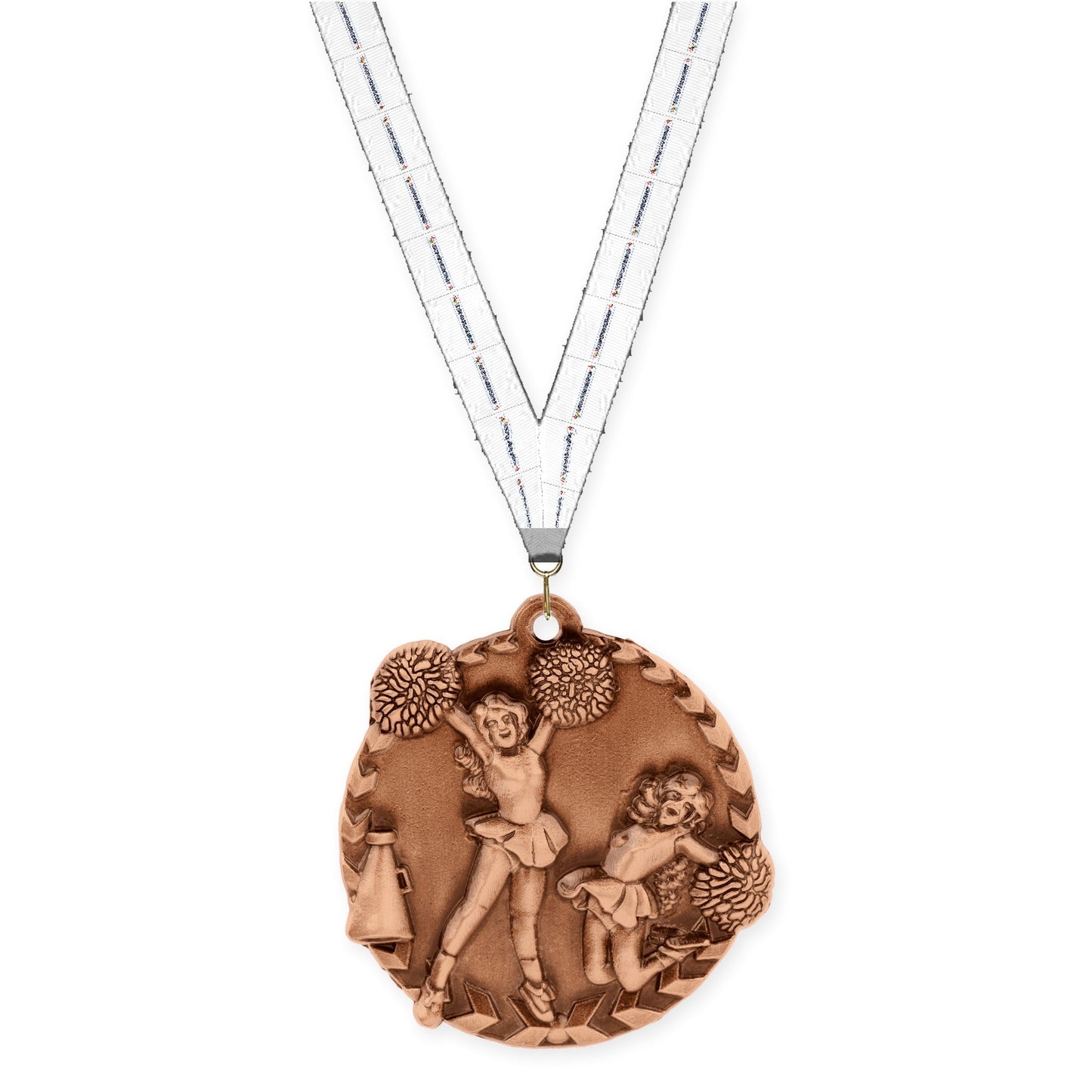 1 3/4 inch cheerleading Millennium medal in antique bronze with Lamp Of Knowledge neck ribbon