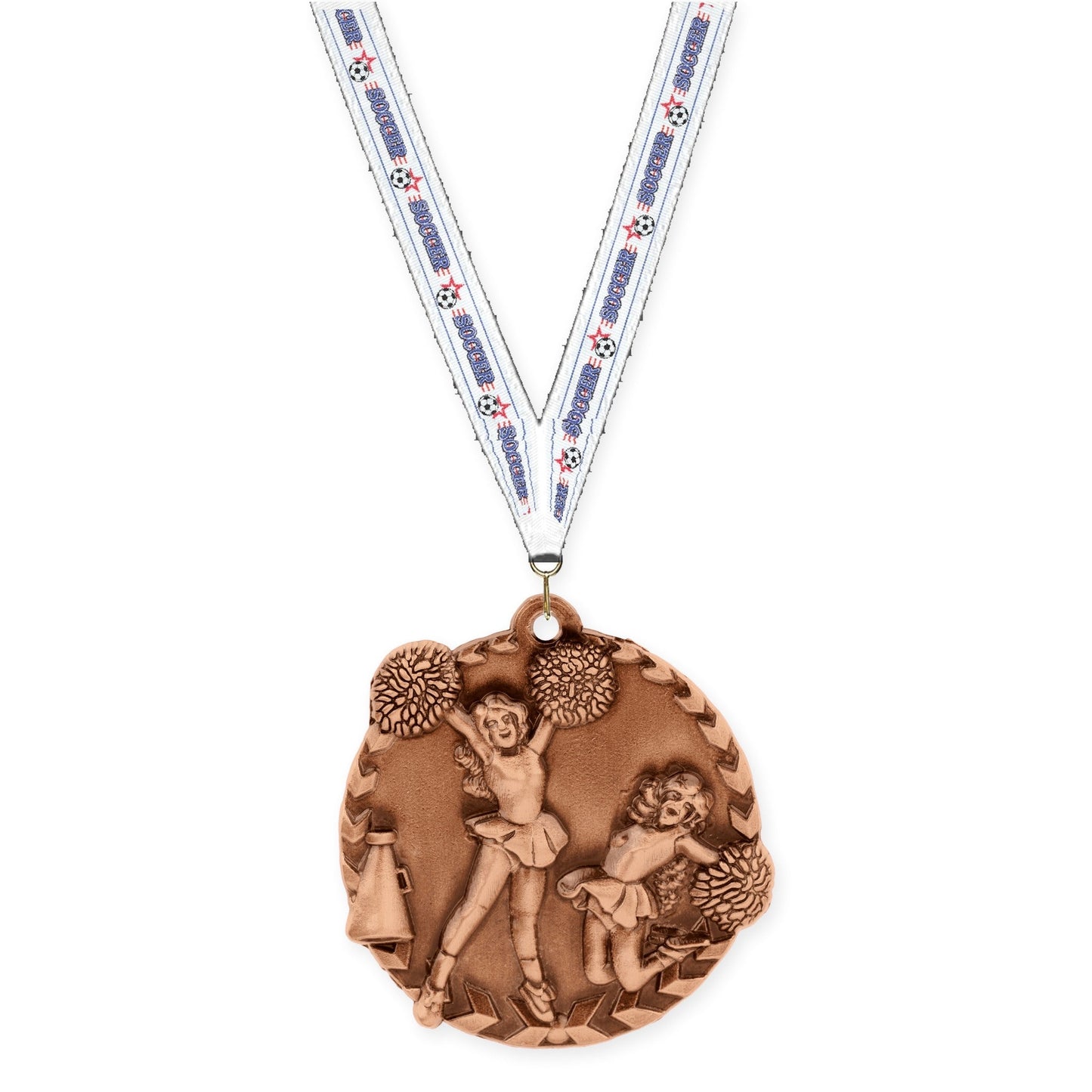 1 3/4 inch cheerleading Millennium medal in antique bronze with Soccer neck ribbon