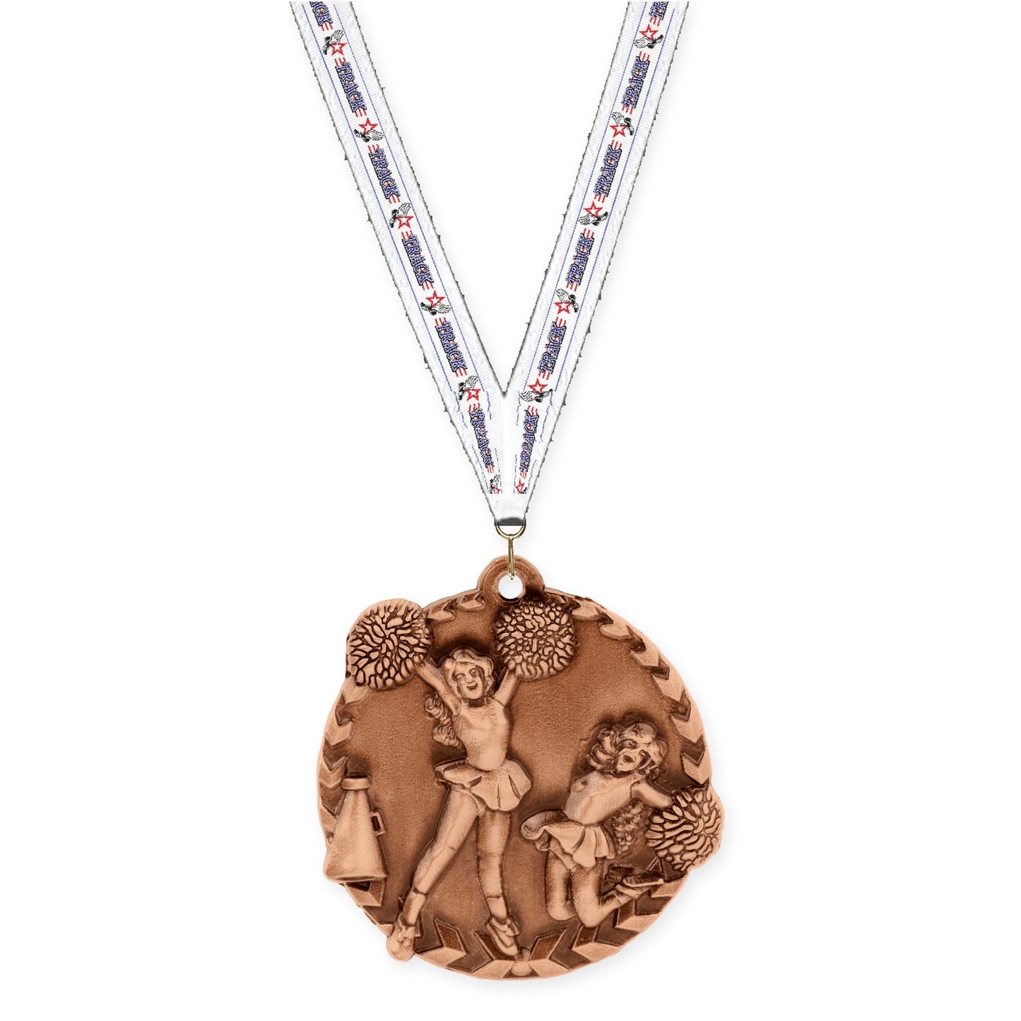 1 3/4 inch cheerleading Millennium medal in antique bronze with Track neck ribbon