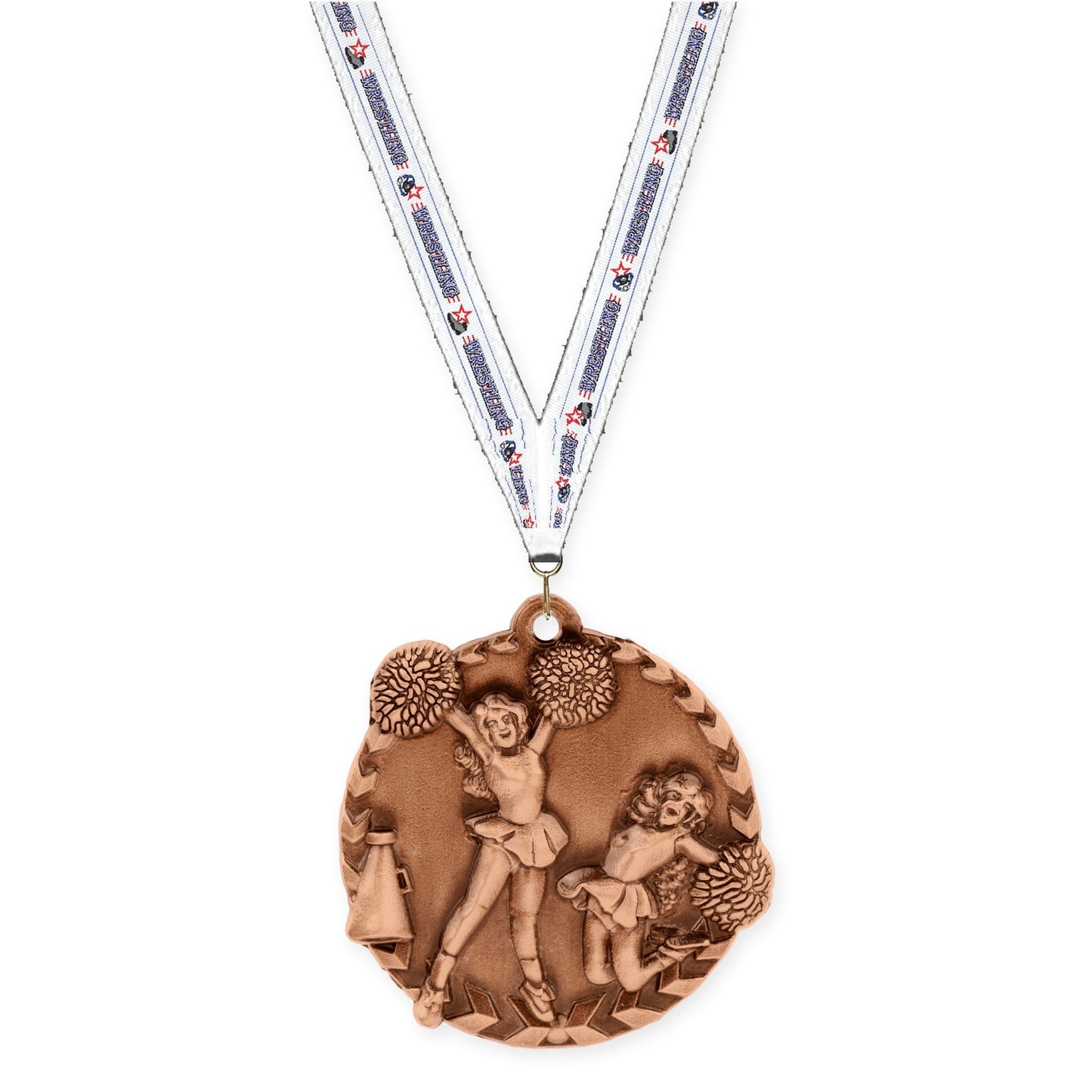 1 3/4 inch cheerleading Millennium medal in antique bronze with Wrestling neck ribbon