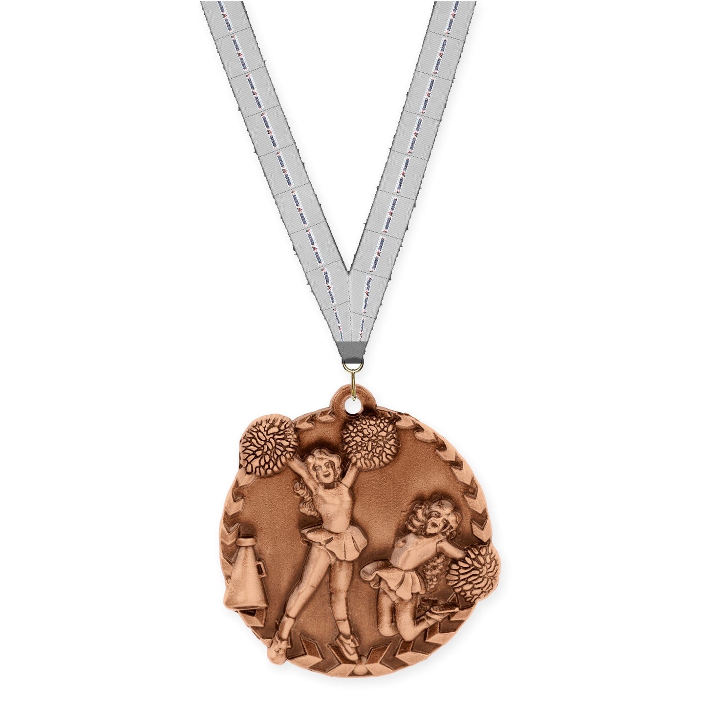 1 3/4 inch cheerleading Millennium medal in antique bronze with Auto Racing neck ribbon