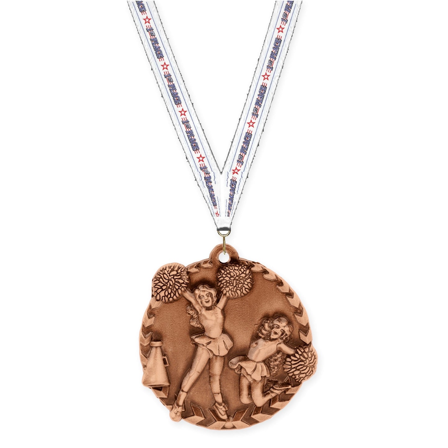 1 3/4 inch cheerleading Millennium medal in antique bronze with 1st Place neck ribbon