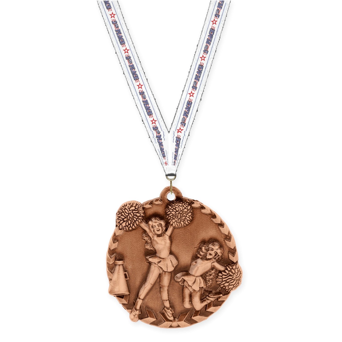 1 3/4 inch cheerleading Millennium medal in antique bronze with 2nd Place neck ribbon