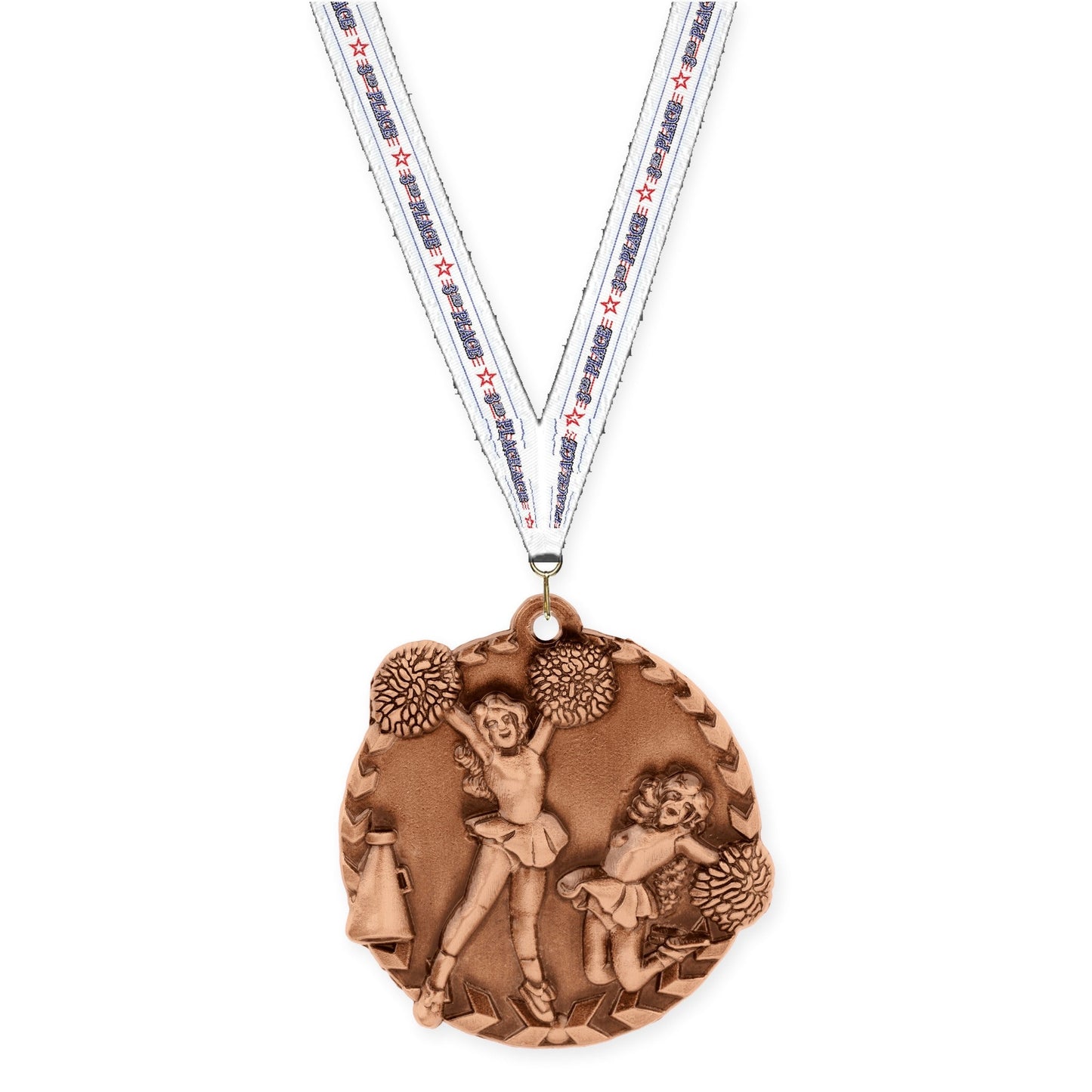 1 3/4 inch cheerleading Millennium medal in antique bronze with 3rd Place neck ribbon