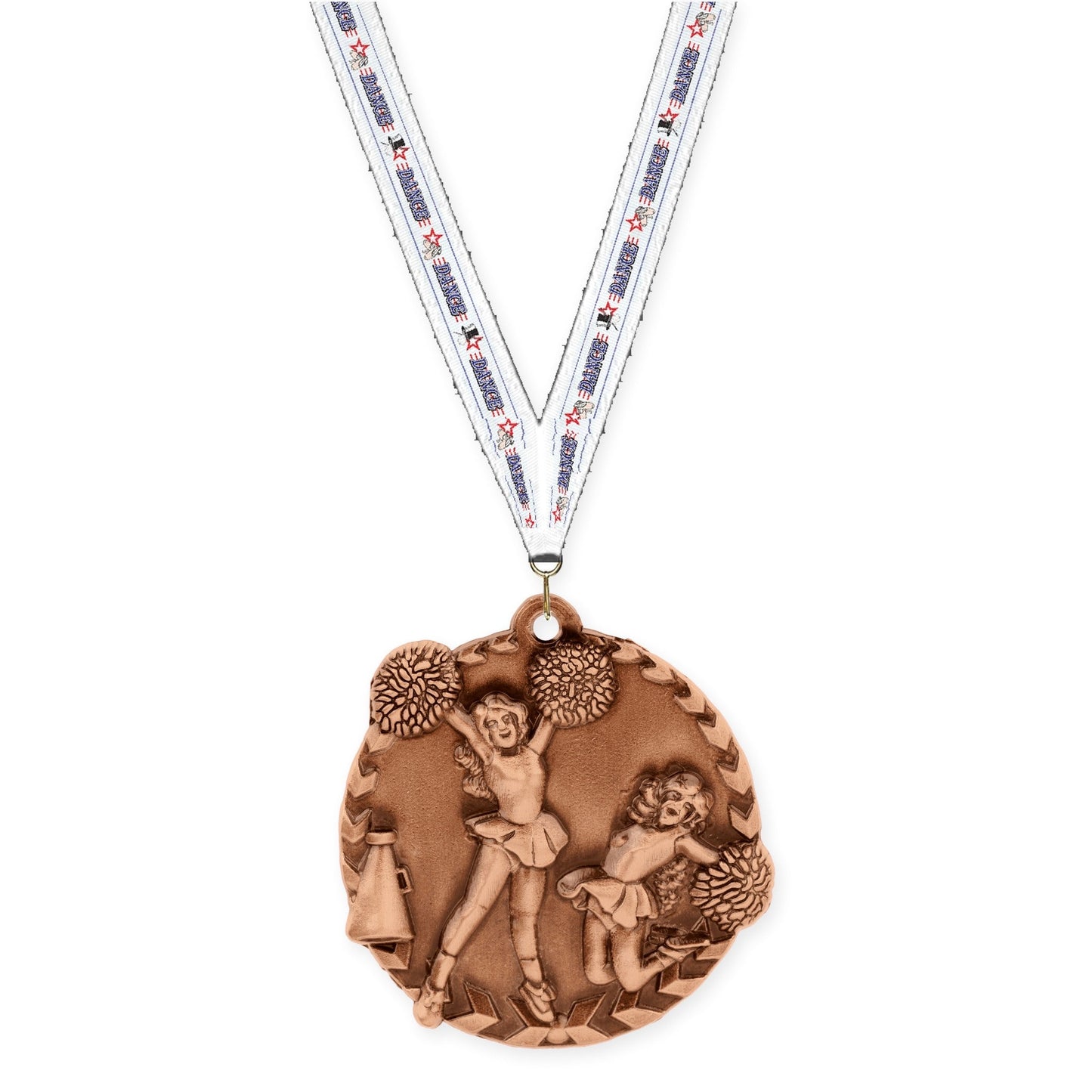 1 3/4 inch cheerleading Millennium medal in antique bronze with Dance neck ribbon