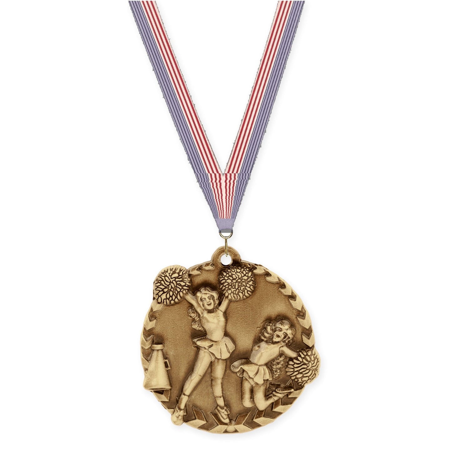 1 3/4 inch cheerleading Millennium medal in antique gold with USA Flag neck ribbon