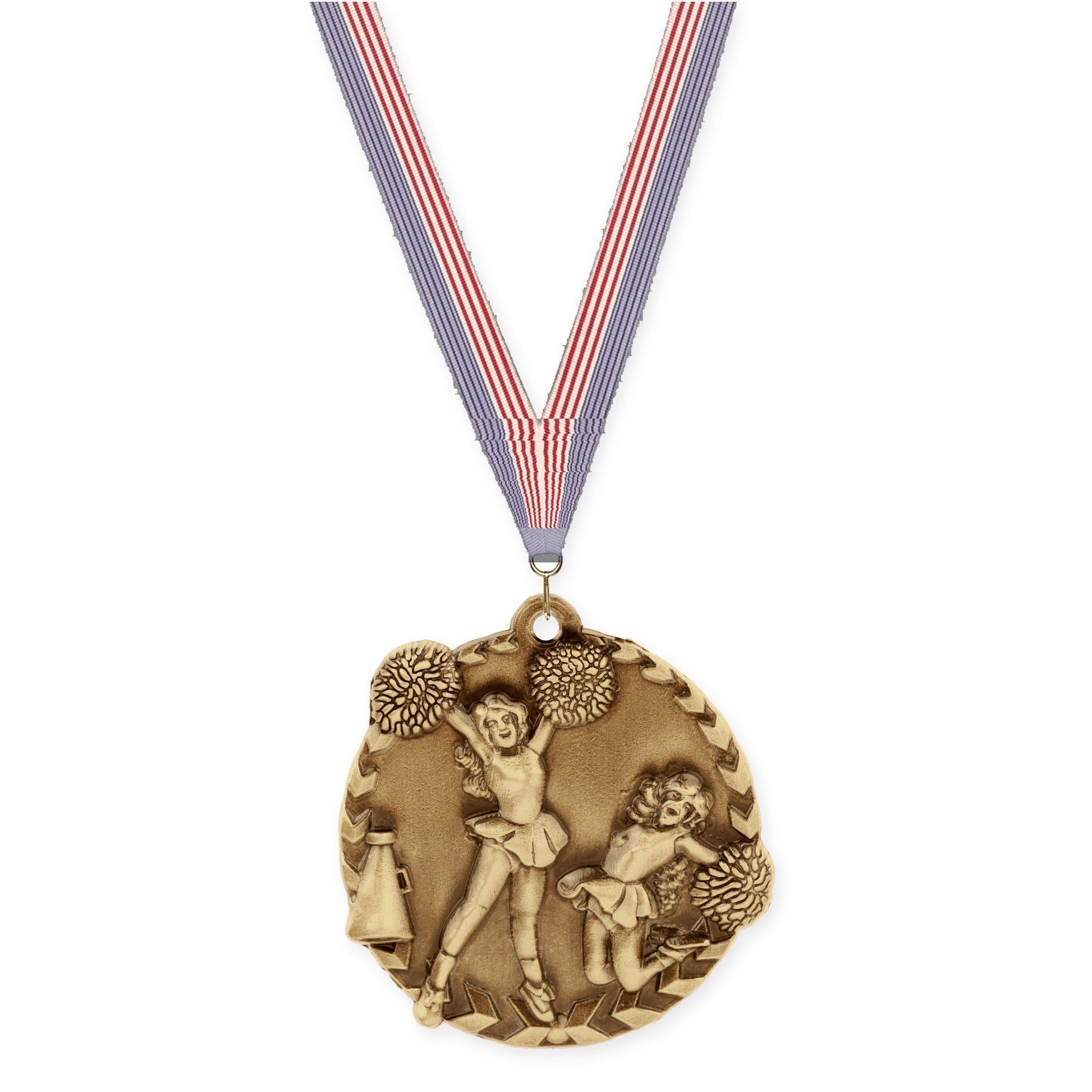 1 3/4 inch cheerleading Millennium medal in antique gold with USA Flag neck ribbon