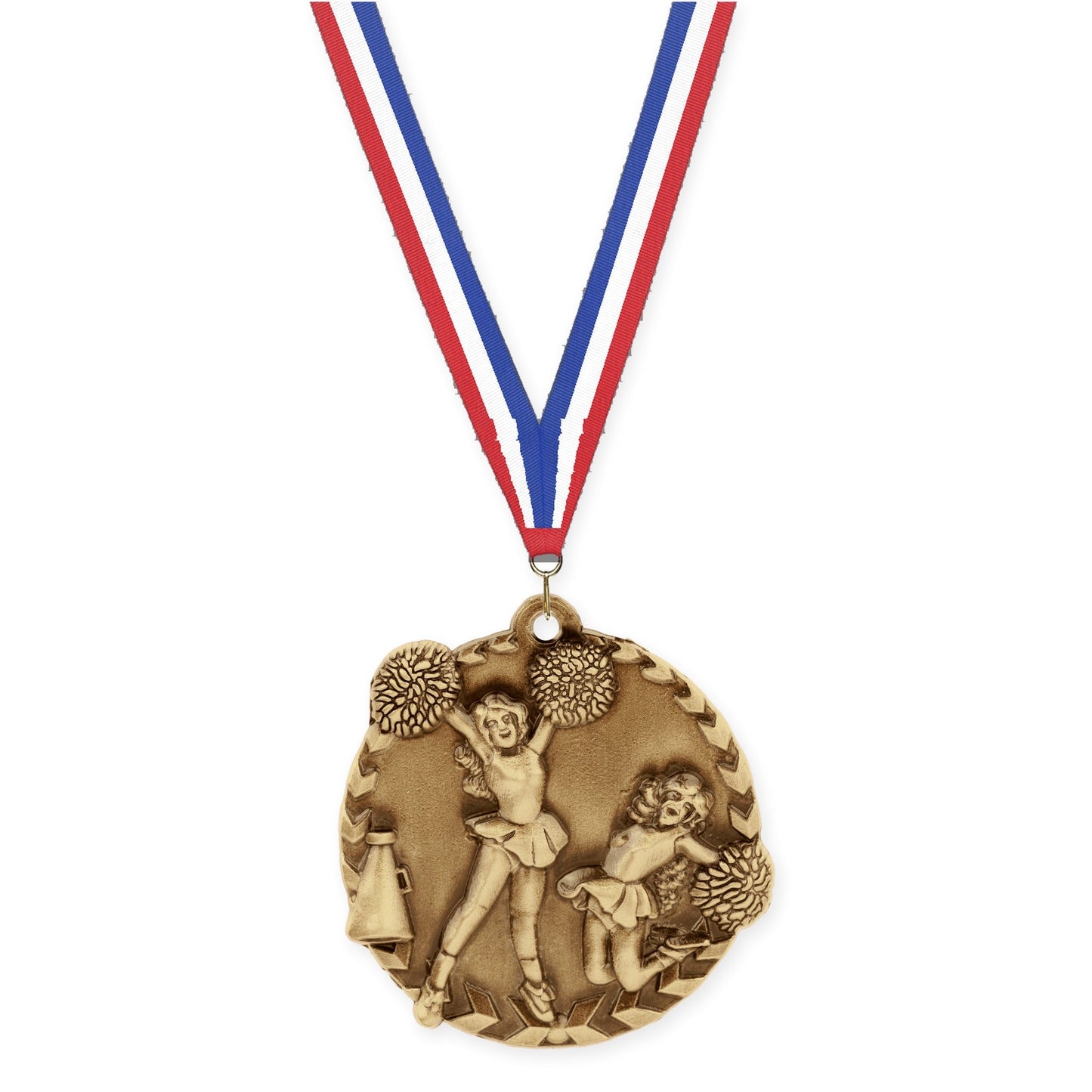1 3/4 inch cheerleading Millennium medal in antique gold with Red White Blue neck ribbon