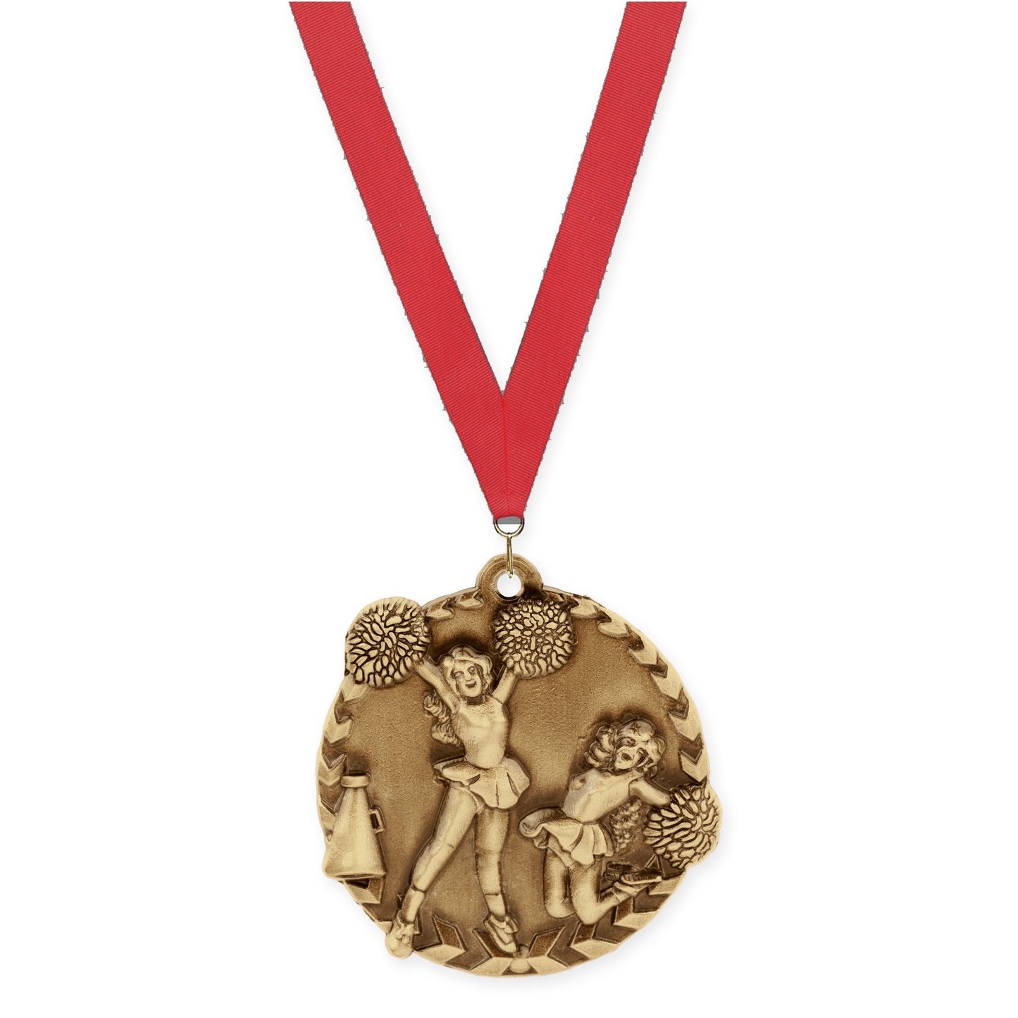 1 3/4 inch cheerleading Millennium medal in antique gold with Red neck ribbon