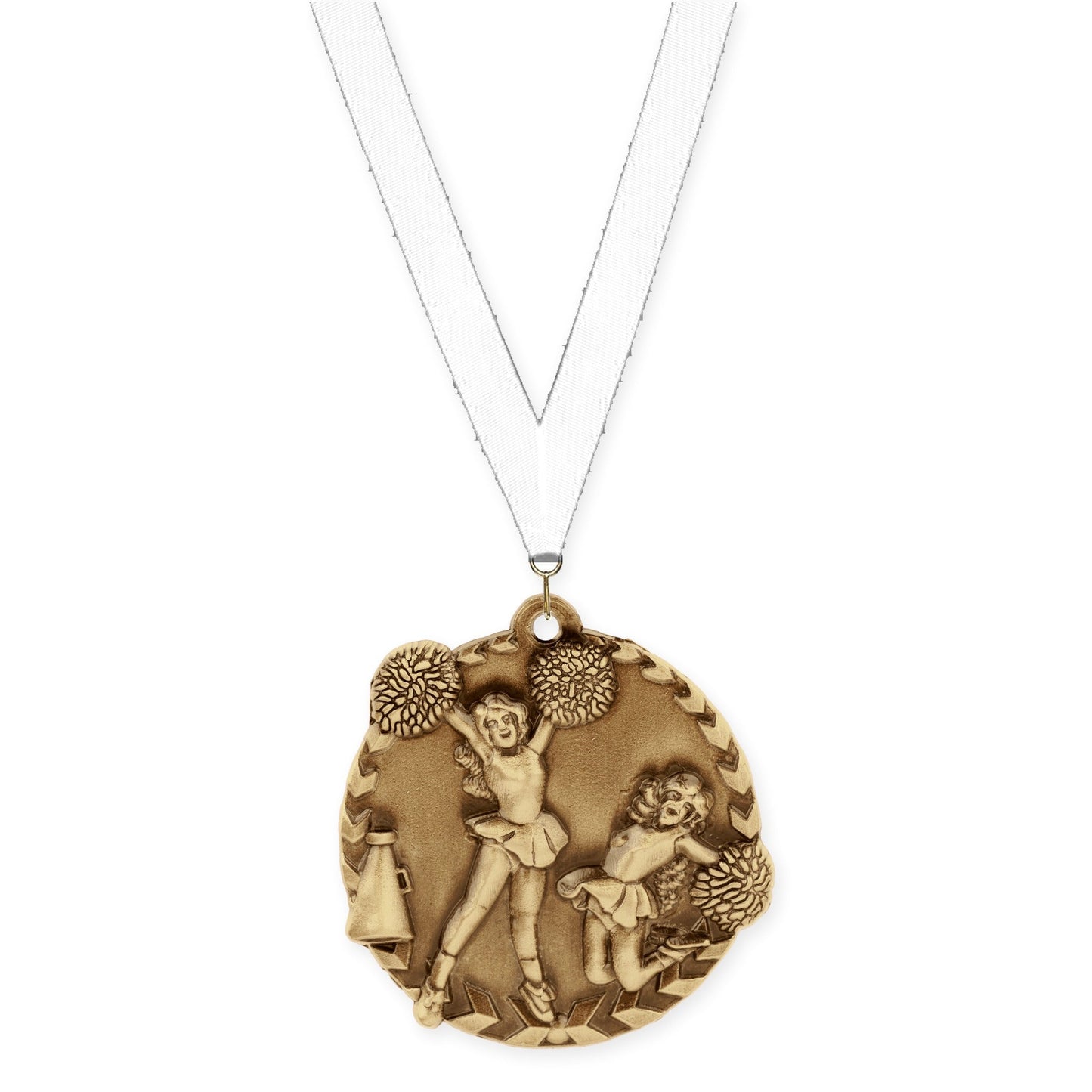 1 3/4 inch cheerleading Millennium medal in antique gold with White neck ribbon