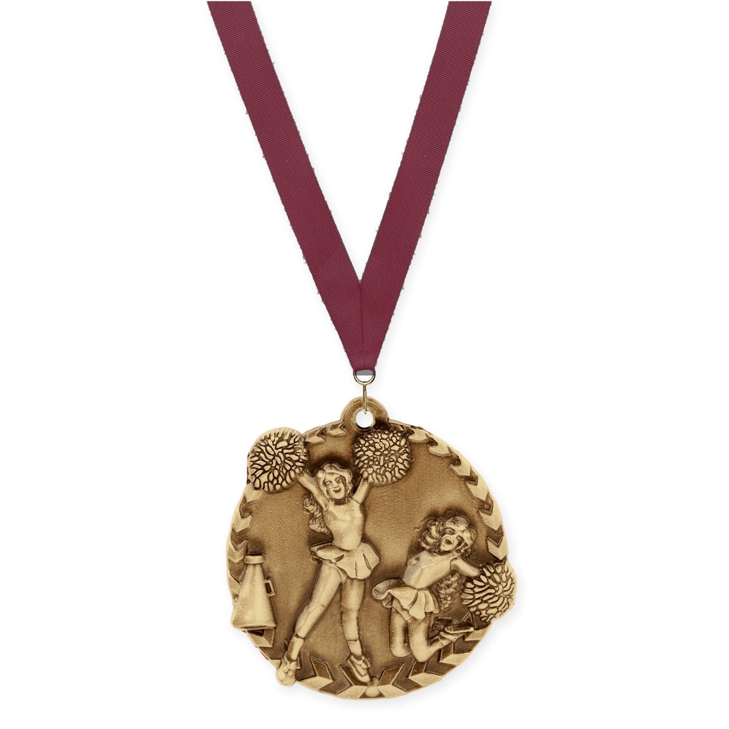 1 3/4 inch cheerleading Millennium medal in antique gold with Maroon neck ribbon