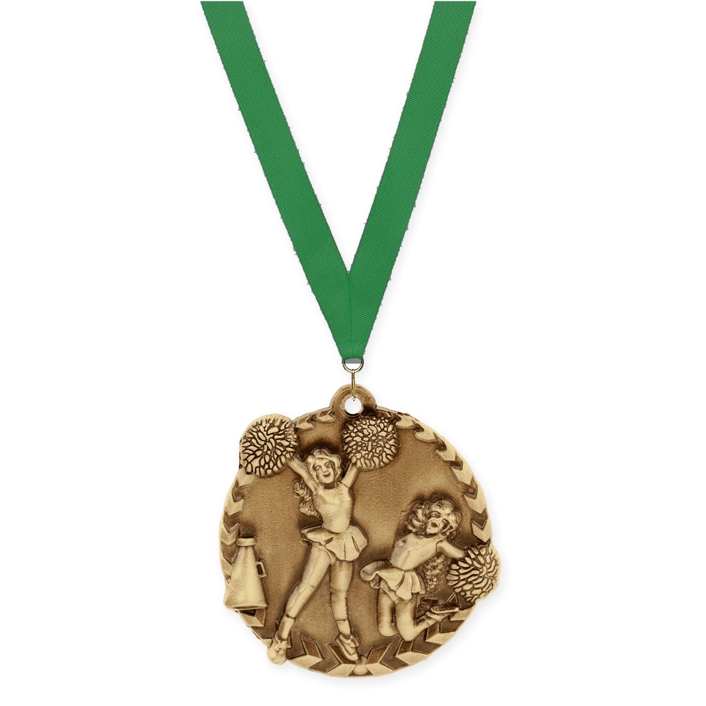 1 3/4 inch cheerleading Millennium medal in antique gold with Green neck ribbon