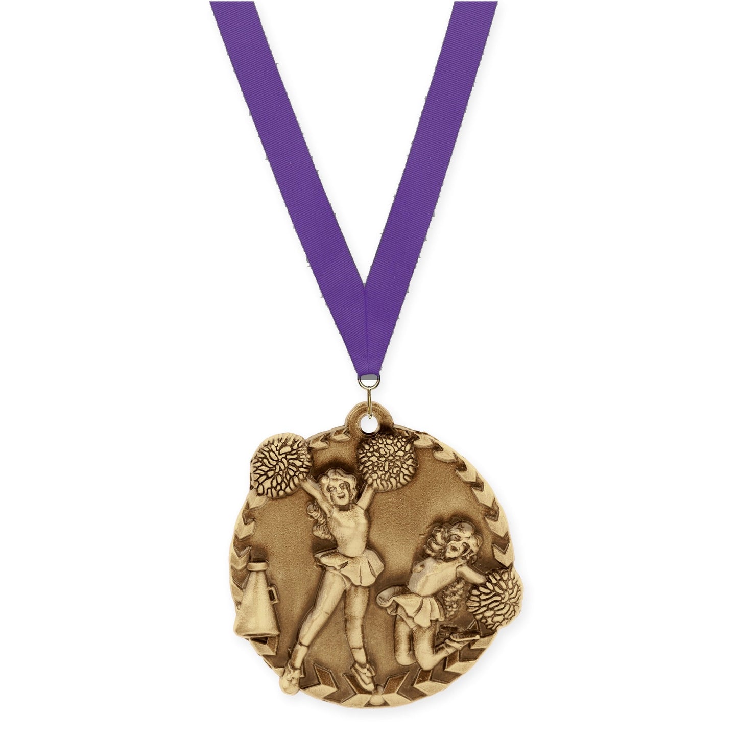 1 3/4 inch cheerleading Millennium medal in antique gold with Purple neck ribbon