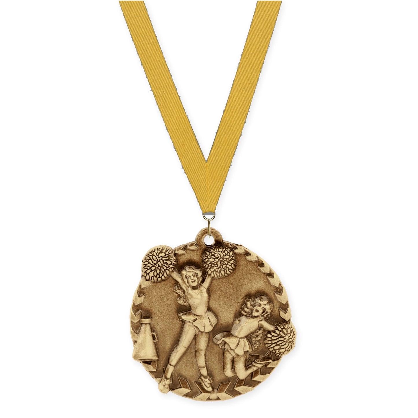 1 3/4 inch cheerleading Millennium medal in antique gold with Gold neck ribbon