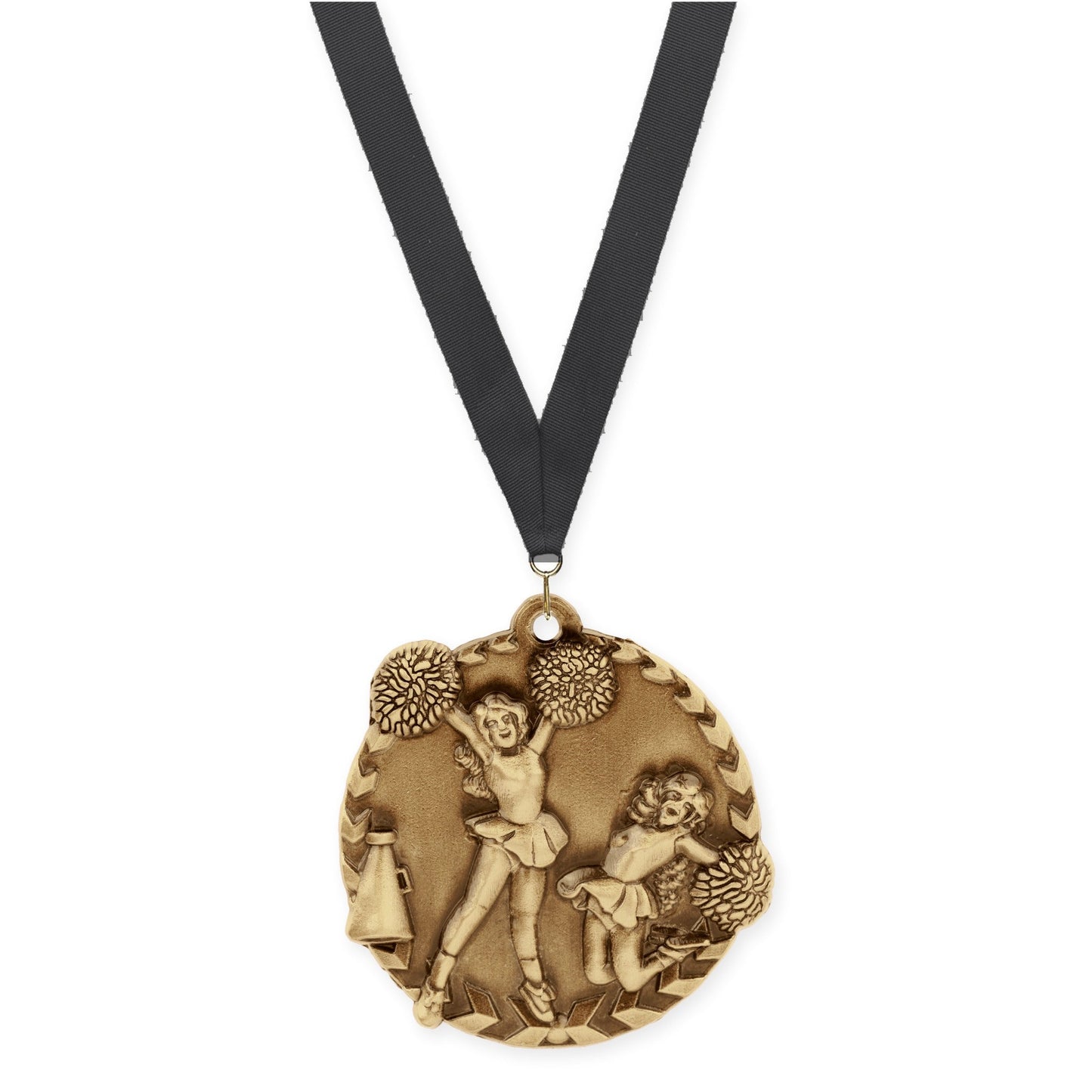 1 3/4 inch cheerleading Millennium medal in antique gold with Black neck ribbon