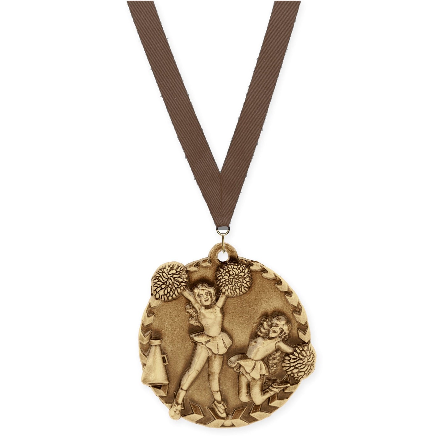 1 3/4 inch cheerleading Millennium medal in antique gold with Brown neck ribbon
