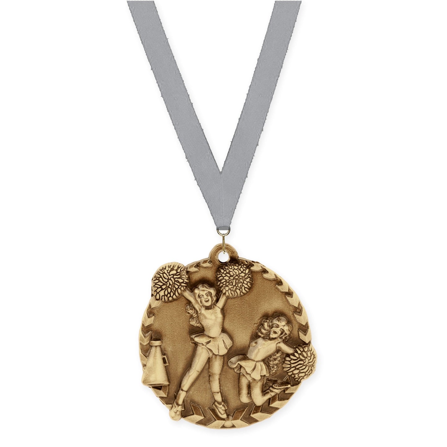 1 3/4 inch cheerleading Millennium medal in antique gold with Gray neck ribbon