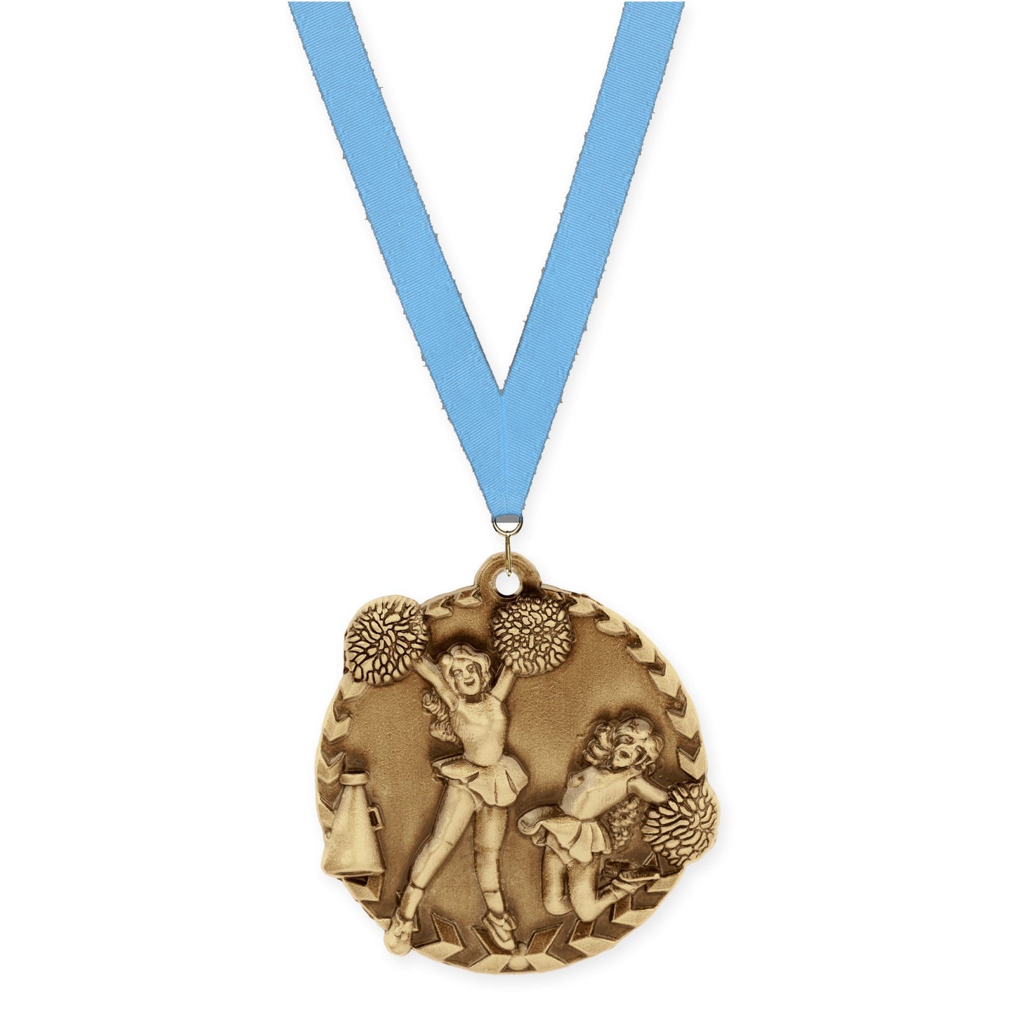 1 3/4 inch cheerleading Millennium medal in antique gold with Light Blue neck ribbon