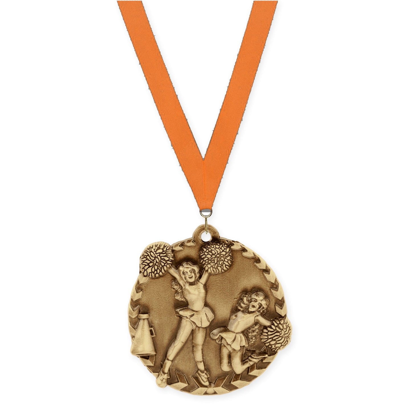1 3/4 inch cheerleading Millennium medal in antique gold with Orange neck ribbon