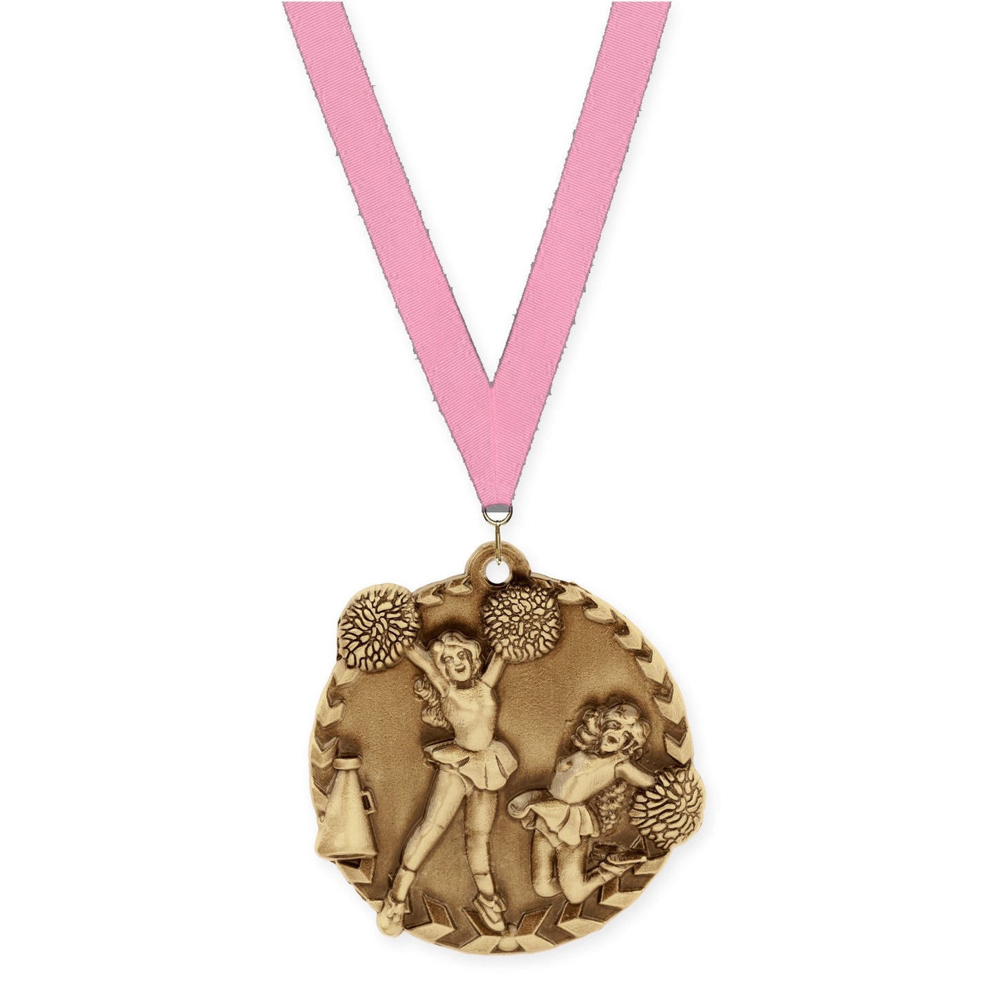 1 3/4 inch cheerleading Millennium medal in antique gold with Pink neck ribbon