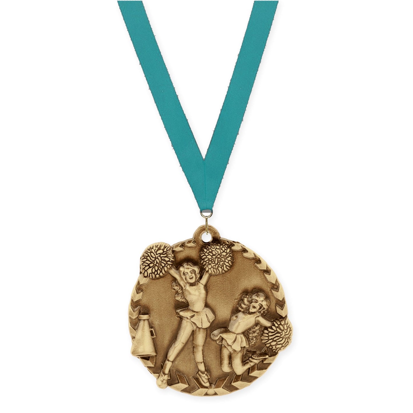 1 3/4 inch cheerleading Millennium medal in antique gold with Teal neck ribbon