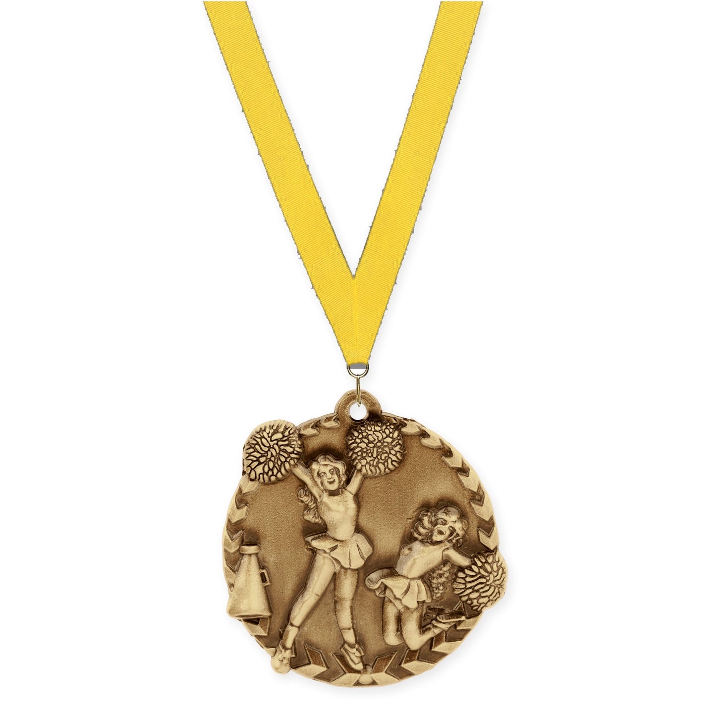 1 3/4 inch cheerleading Millennium medal in antique gold with Yellow neck ribbon