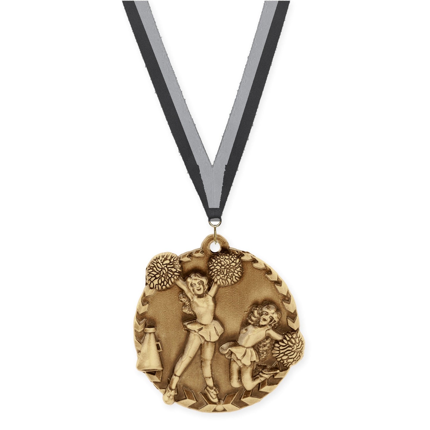 1 3/4 inch cheerleading Millennium medal in antique gold with Black Gray neck ribbon