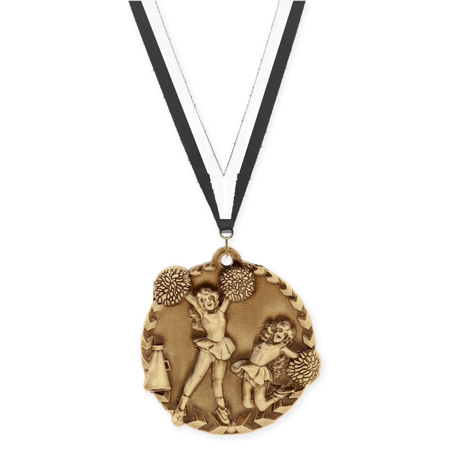 1 3/4 inch cheerleading Millennium medal in antique gold with Black White neck ribbon