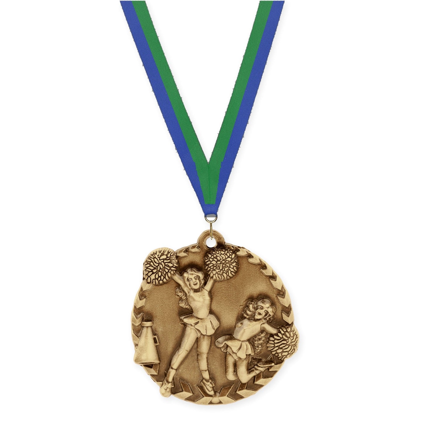 1 3/4 inch cheerleading Millennium medal in antique gold with Blue Green neck ribbon