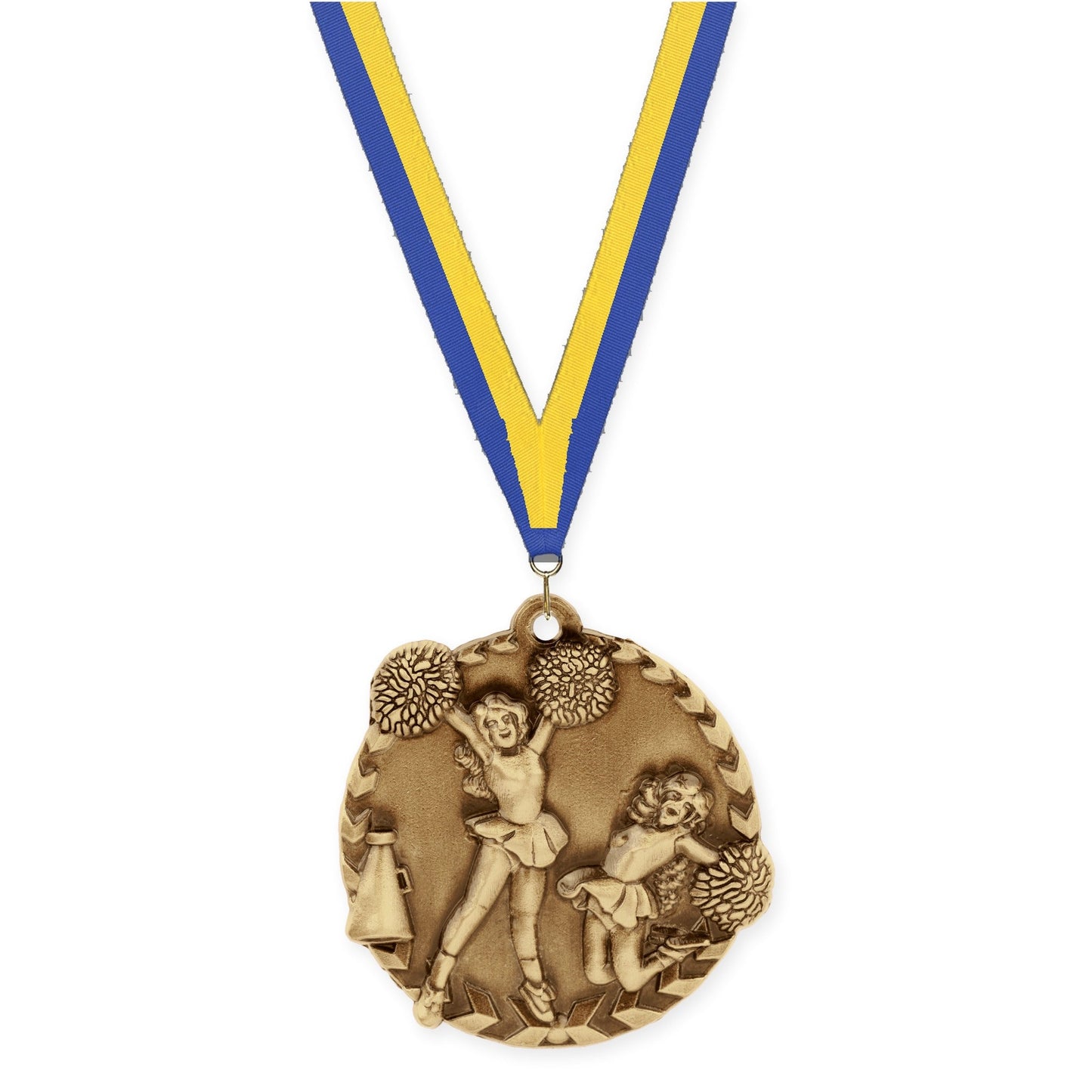 1 3/4 inch cheerleading Millennium medal in antique gold with Blue Yellow neck ribbon