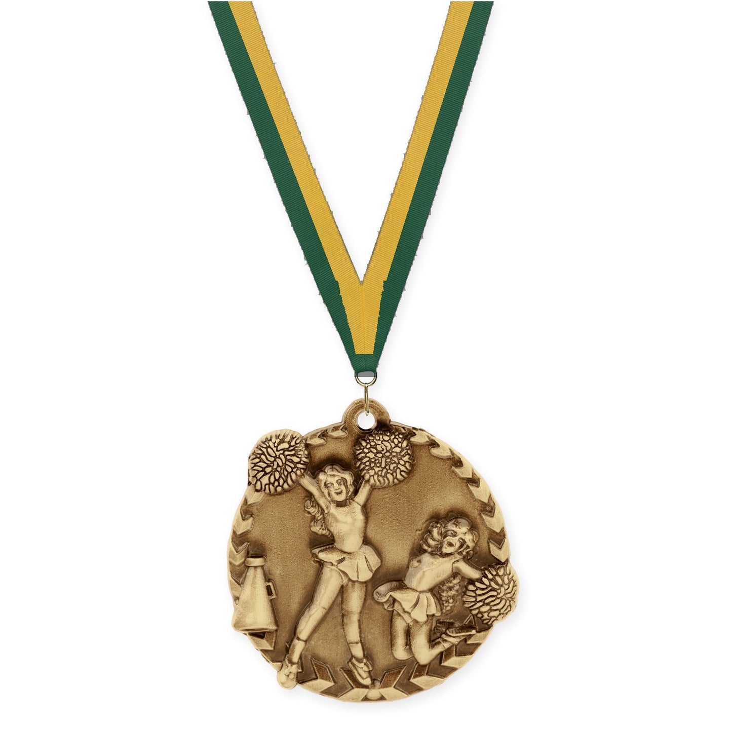 1 3/4 inch cheerleading Millennium medal in antique gold with Hunter Green Gold neck ribbon