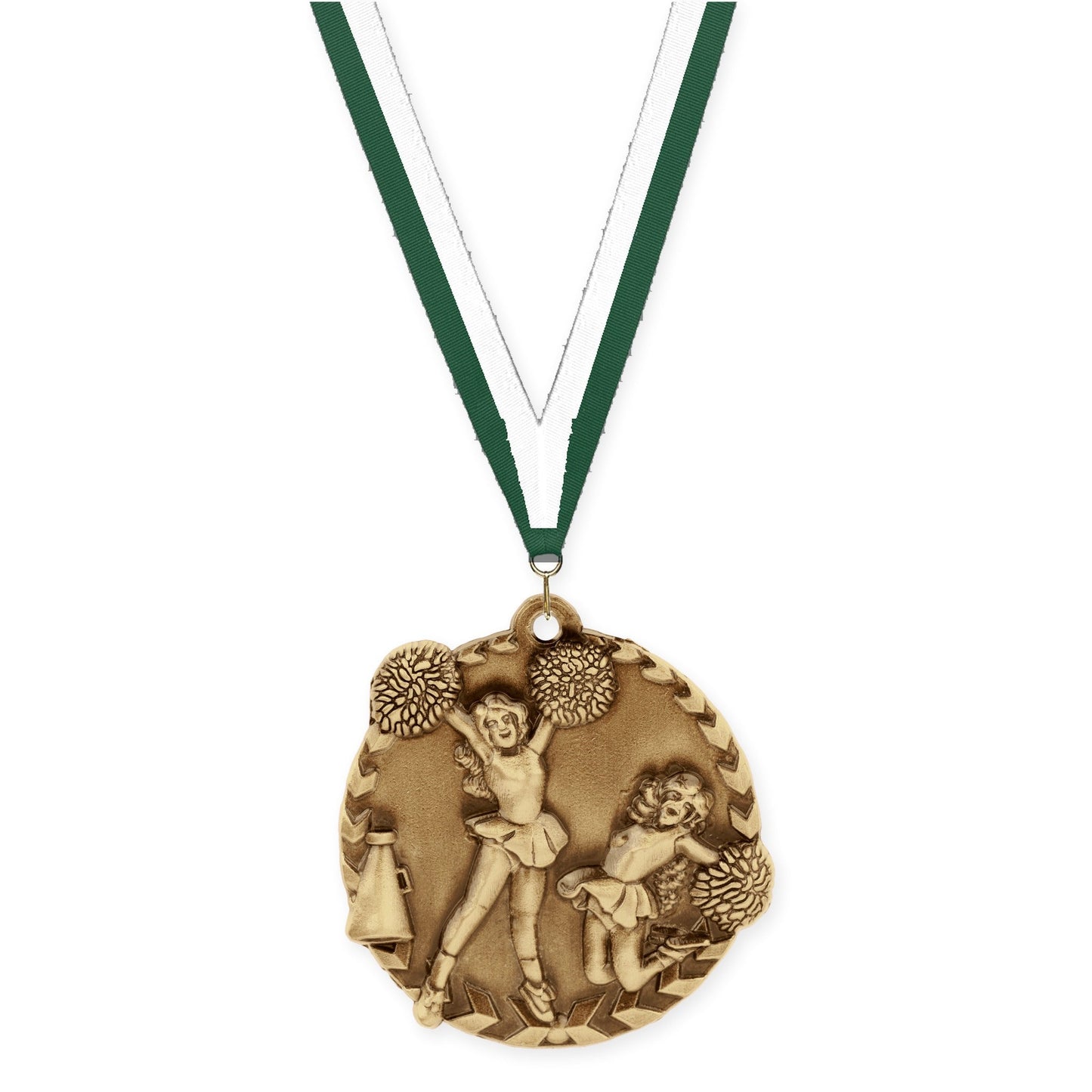 1 3/4 inch cheerleading Millennium medal in antique gold with Hunter Green White neck ribbon